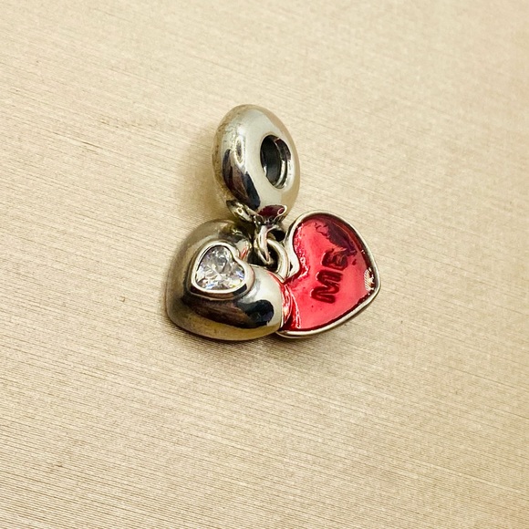 EUC Pandora 791244CZ Sterling Silver You & Me Heart Dangle Charm w/ Pink Enamel - Picture 4 of 9